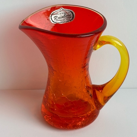 VTG Rainbow Art Glass Hand Blown Mini Crackle Glass Pitcher Orange & Yellow 3”H - Picture 8 of 8